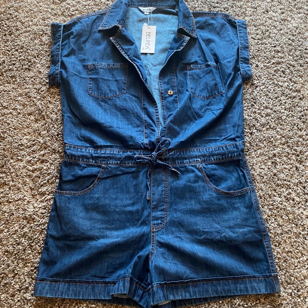 Stretchy jean material romper.